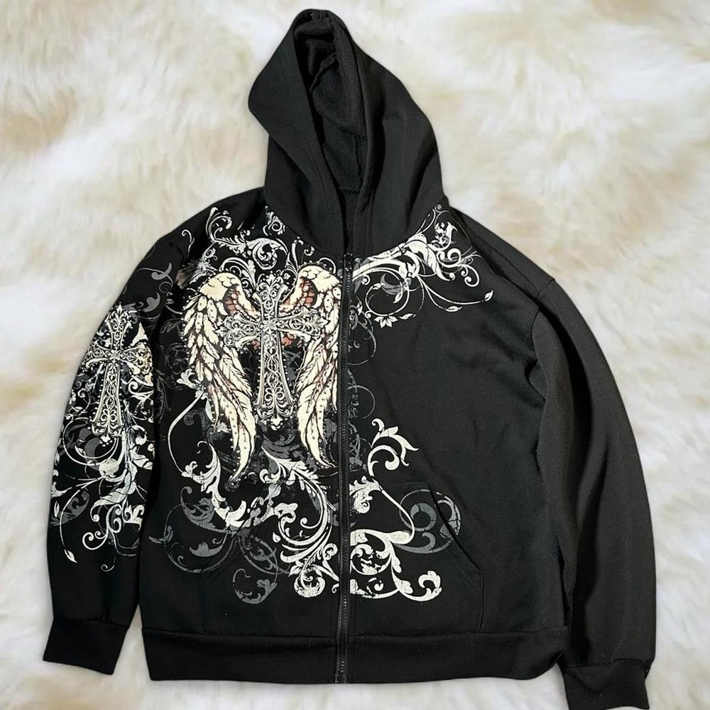Romwe Womens Black Velour Grunge Graphic Zip Up Hoodie Y2K Gothic Baroque M/L